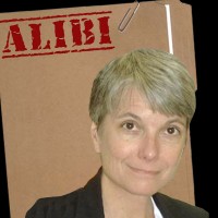 Woman with a salt-and-pepper pixie cut in front of a manila folder stamped "Alibi"